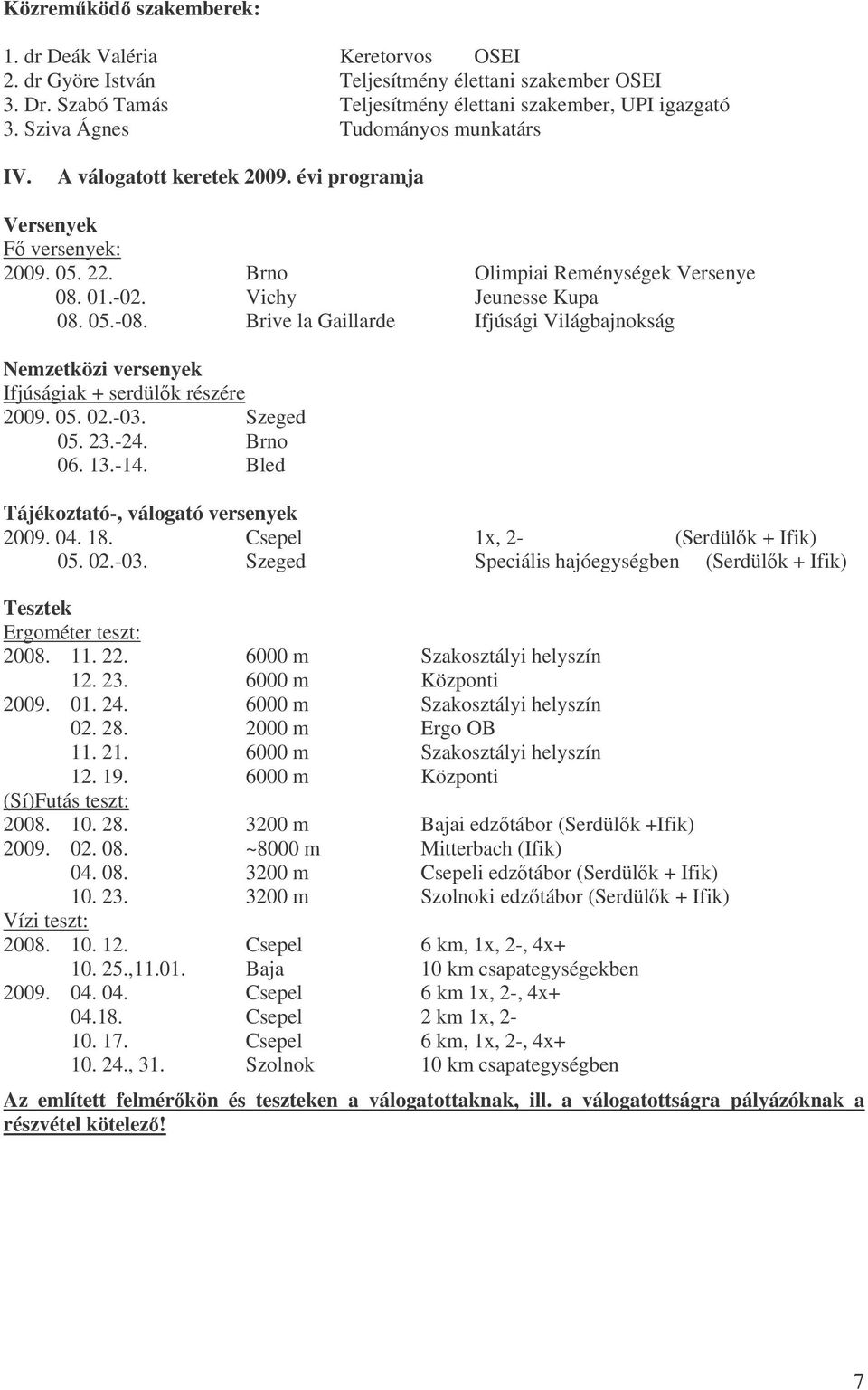 Brive la Gaillarde Ifjúsági Világbajnokság Nemzetközi versenyek Ifjúságiak + serdülk részére 2009. 05. 02.-03. Szeged 05. 23.-24. Brno 06. 13.-14. Bled Tájékoztató-, válogató versenyek 2009. 04. 18.
