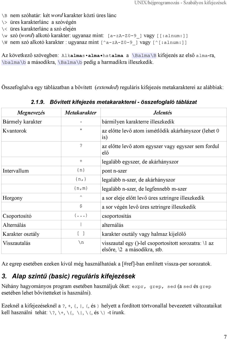 harmadikra illeszkedik. Összefoglalva egy táblázatban a bővített (extended) reguláris kifejezés metakarakterei az alábbiak: 2.1.9.