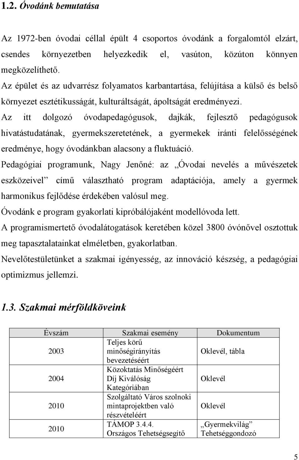 Az itt dolgozó óvodapedagógusok, dajkák, fejlesztő pedagógusok hivatástudatának, gyermekszeretetének, a gyermekek iránti felelősségének eredménye, hogy óvodánkban alacsony a fluktuáció.