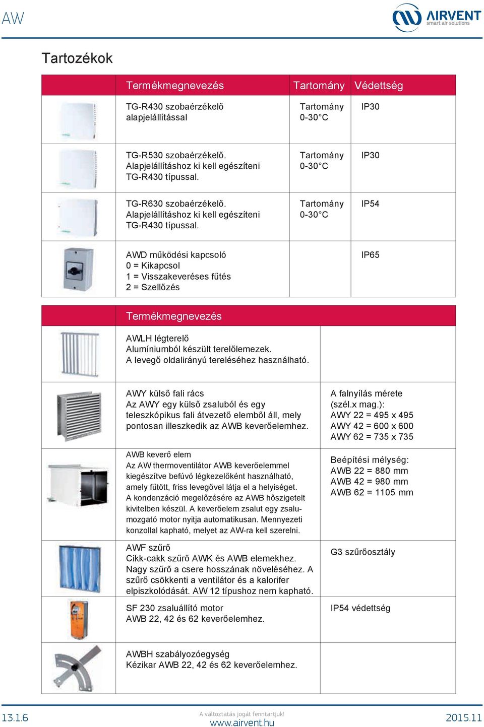 IP54 AWD működési kapcsoló 0 = Kikapcsol 1 = Visszakeveréses fűtés 2 = Szellőzés IP65 Termékmegnevezés AWLH légterelő Alumíniumból készült terelőlemezek. A levegő oldalirányú tereléséhez használható.