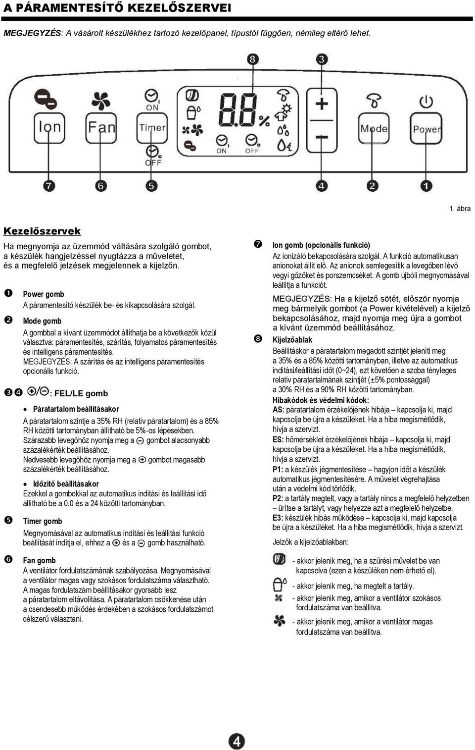 Power gomb A páramentesítő készülék be- és kikapcsolására szolgál.