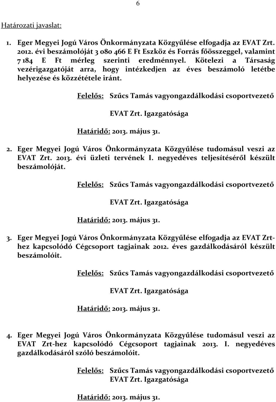 Kötelezi a Társaság vezérigazgatóját arra, hogy intézkedjen az éves beszámoló letétbe helyezése és közzététele iránt. Felelős: Szűcs Tamás vagyongazdálkodási csoportvezető EVAT Zrt.