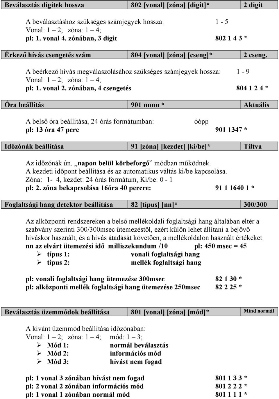 zónában, 4 csengetés 804 1 2 4 * Óra beállítás 901 nnnn * Aktuális A belső óra beállítása, 24 órás formátumban : óópp pl: 13 óra 47 perc 901 1347 * Időzónák beállítása 91 [zóna] [kezdet] [ki/be]*