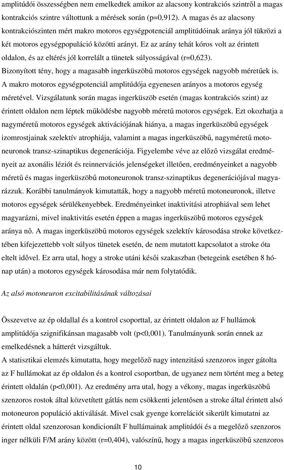 Ez az arány tehát kóros volt az érintett oldalon, és az eltérés jól korrelált a tünetek súlyosságával (r=0,623). Bizonyított tény, hogy a magasabb ingerküszöbű motoros egységek nagyobb méretűek is.