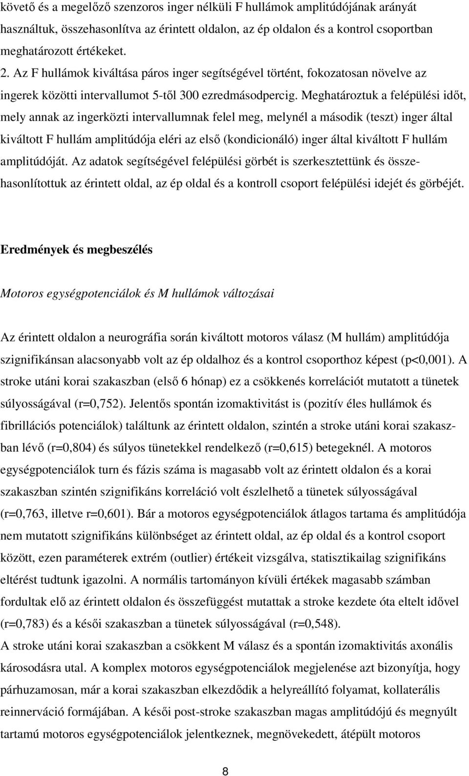 Meghatároztuk a felépülési időt, mely annak az ingerközti intervallumnak felel meg, melynél a második (teszt) inger által kiváltott F hullám amplitúdója eléri az első (kondicionáló) inger által