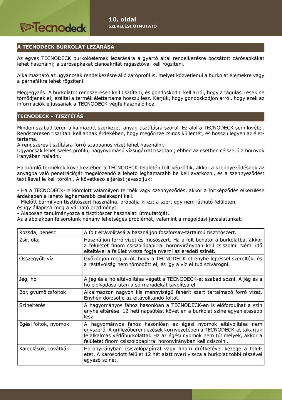 Megjegyzés: A burkolatot rendszeresen kell tisztítani, és gondoskodni kell arról, hogy a tágulási rések ne tömődjenek el; ezáltal a termék élettartama hosszú lesz.