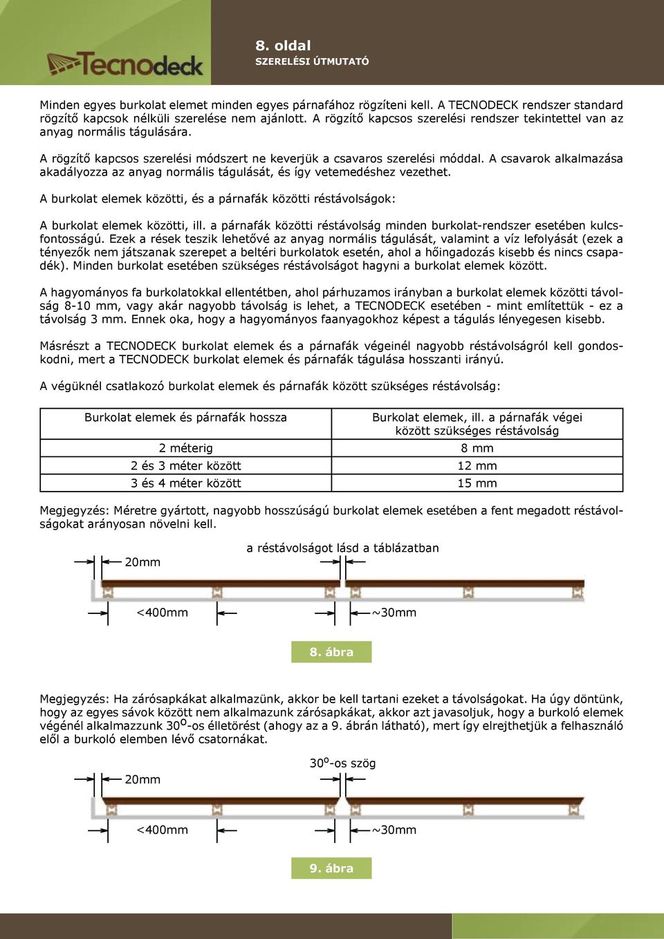 A csavarok alkalmazása akadályozza az anyag normális tágulását, és így vetemedéshez vezethet. A burkolat elemek közötti, és a párnafák közötti réstávolságok: A burkolat elemek közötti, ill.
