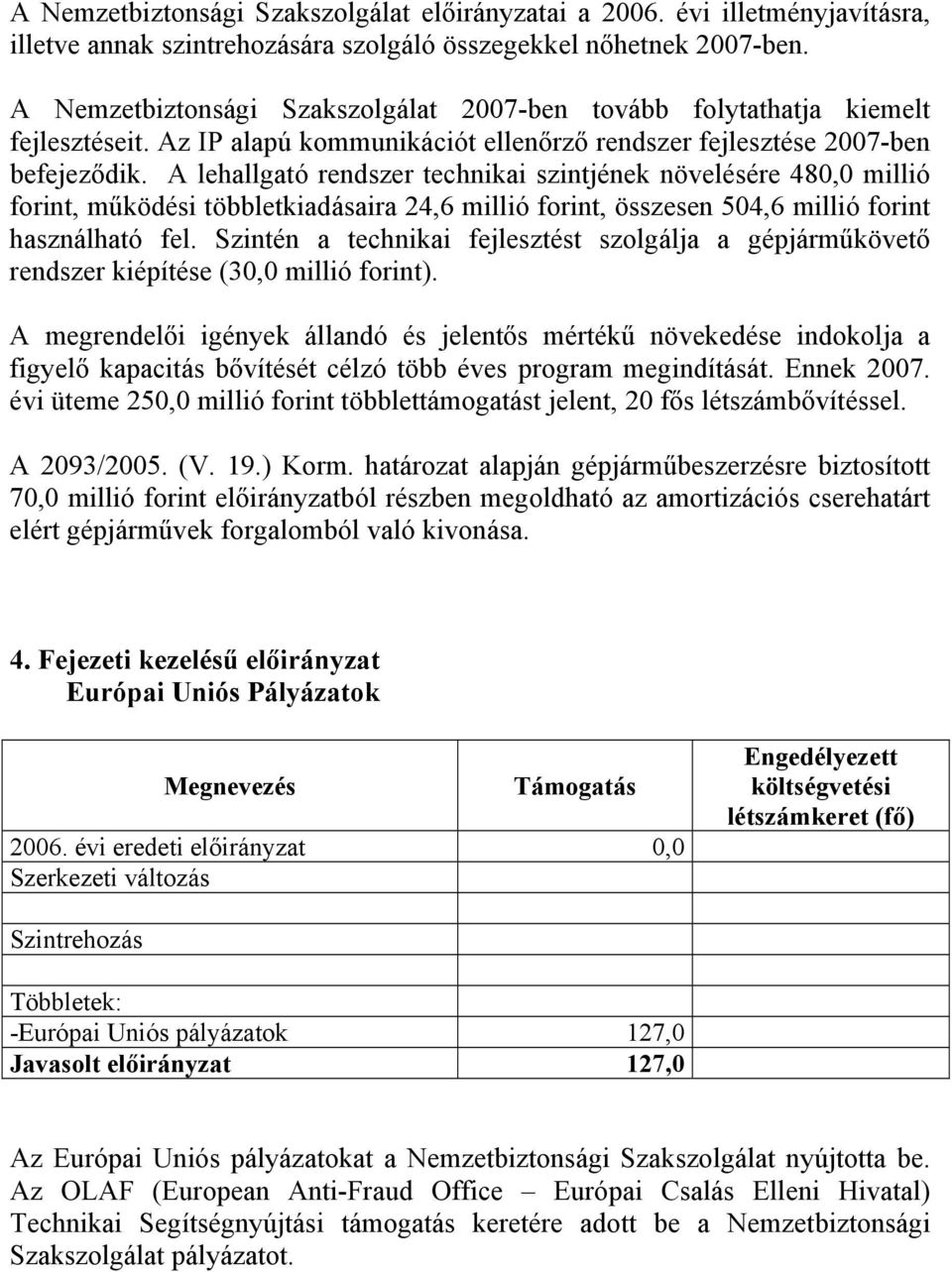 A lehallgató rendszer technikai szintjének növelésére 480,0 millió forint, működési többletkiadásaira 24,6 millió forint, összesen 504,6 millió forint használható fel.