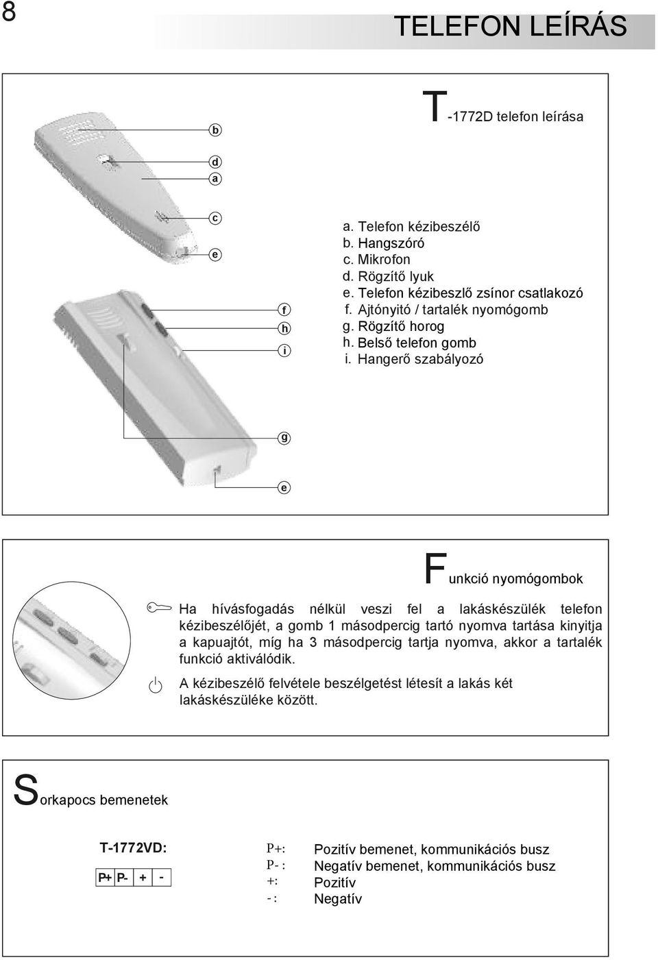 Hangerő szabályozó g e Funkció nyomógombok Ha hívásfogadás nélkül veszi fel a lakáskészülék telefon kézibeszélőjét, a gomb 1 másodpercig tartó nyomva tartása kinyitja a