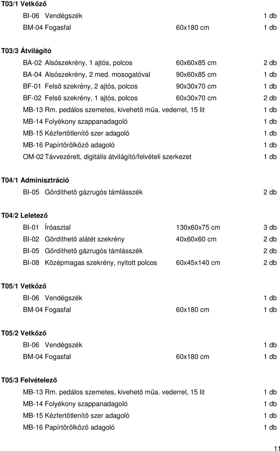 vederrel, 15 lit MB-14 Folyékony szappanadagoló MB-15 Kézfertőtlenítő szer adagoló MB-16 Papírtörölköző adagoló OM-02 Távvezérelt, digitális átvilágító/felvételi szerkezet T04/1 Adminisztráció BI-05