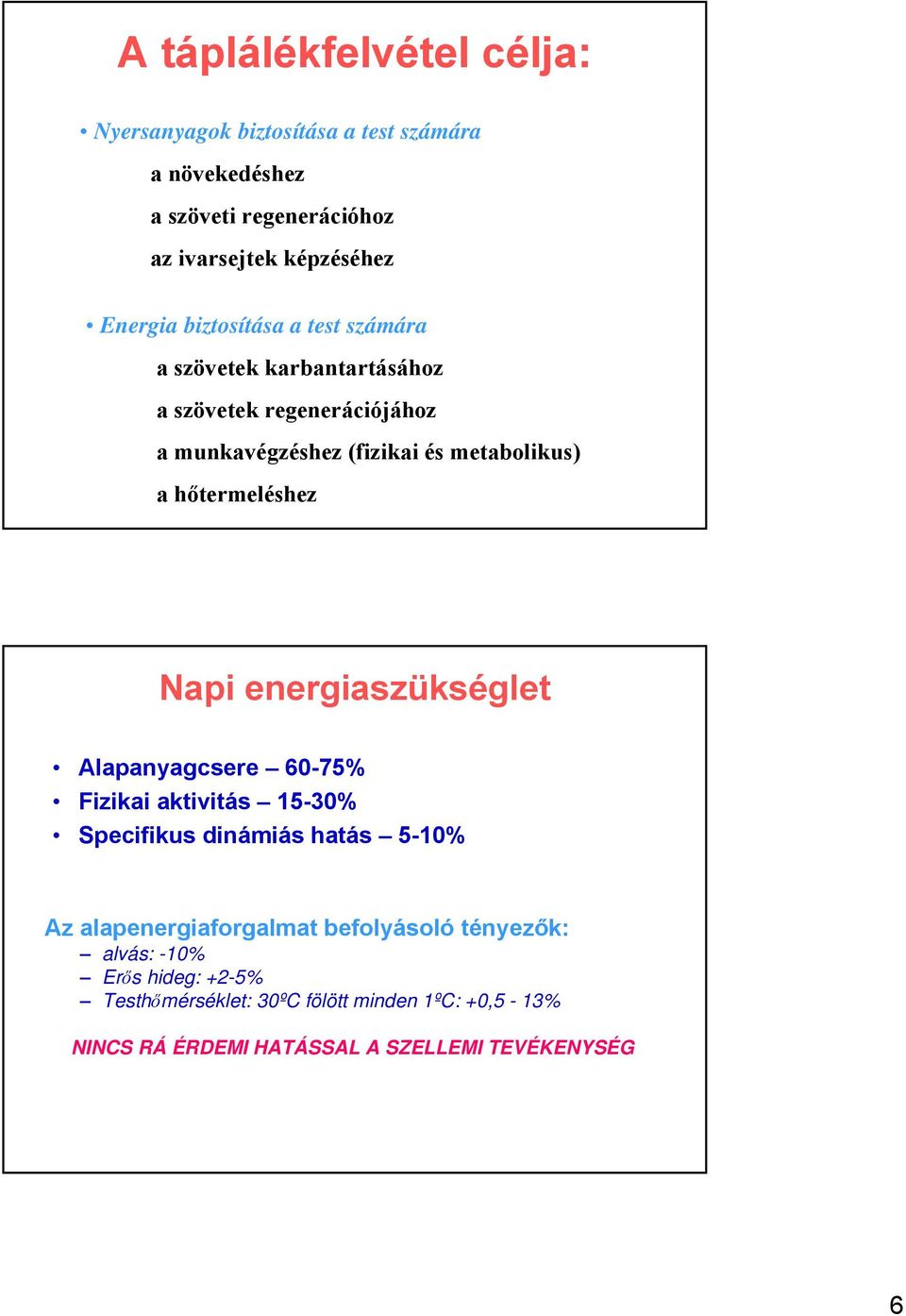 hőtermeléshez Napi energiaszükséglet Alapanyagcsere 60-75% Fizikai aktivitás 15-30% Specifikus dinámiás hatás 5-10% Az alapenergiaforgalmat