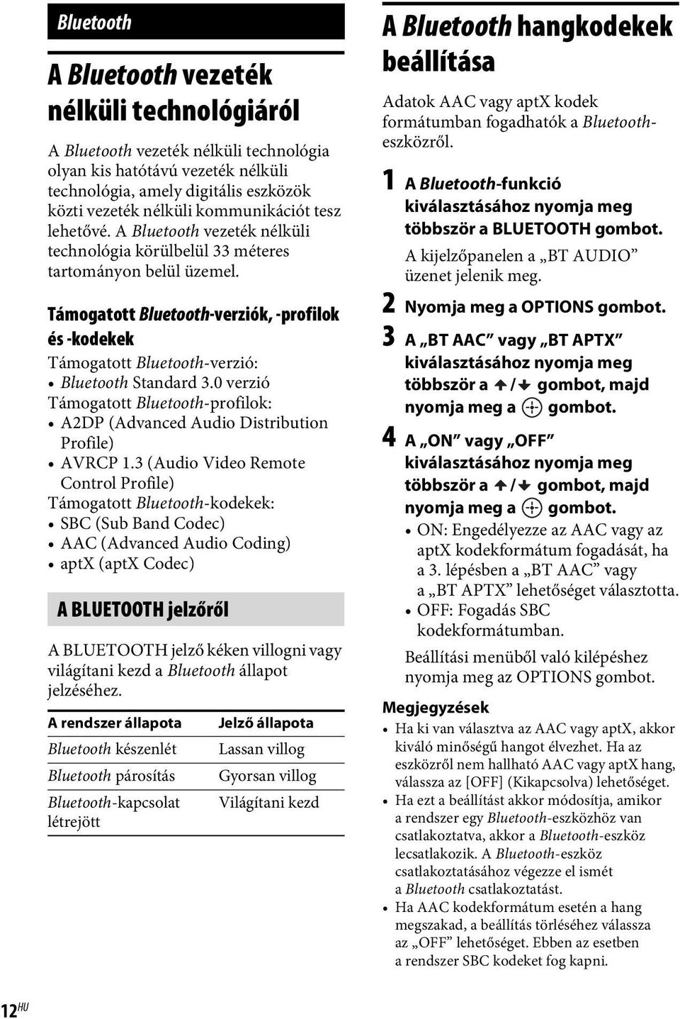 Támogatott Bluetooth-verziók, -profilok és -kodekek Támogatott Bluetooth-verzió: Bluetooth Standard 3.0 verzió Támogatott Bluetooth-profilok: A2DP (Advanced Audio Distribution Profile) AVRCP 1.