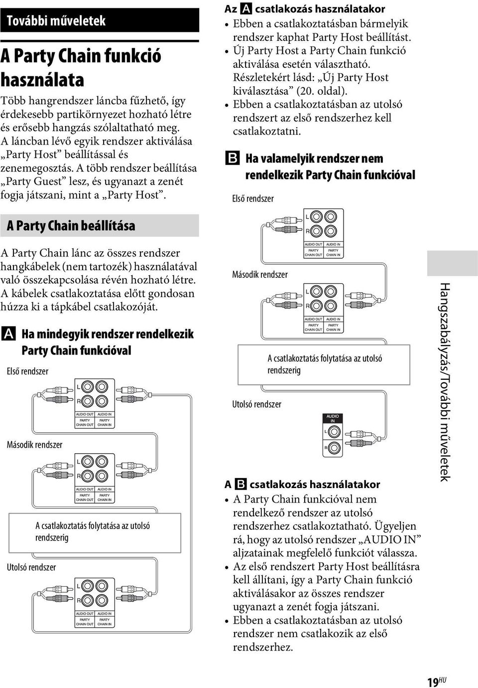 Az A csatlakozás használatakor Ebben a csatlakoztatásban bármelyik rendszer kaphat Party Host beállítást. Új Party Host a Party Chain funkció aktiválása esetén választható.