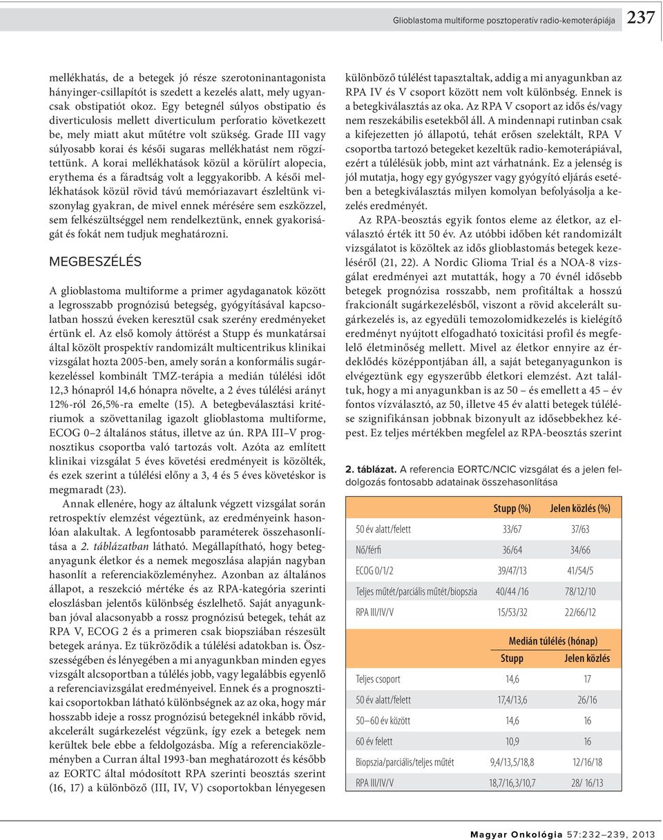 Grade III vagy súlyosabb korai és késői sugaras mellékhatást nem rögzítettünk. A korai mellékhatások közül a körülírt alopecia, erythema és a fáradtság volt a leggyakoribb.