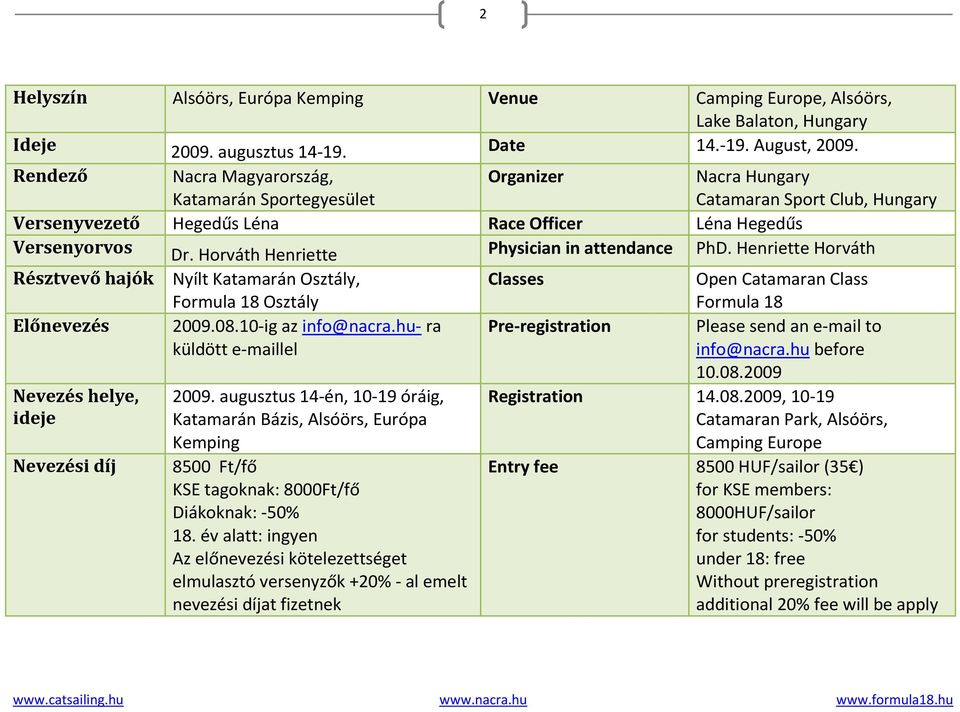 Horváth Henriette Physician in attendance PhD. Henriette Horváth Résztvevő hajók Nyílt Katamarán Osztály, Formula 18 Osztály Előnevezés 2009.08.10-ig az info@nacra.