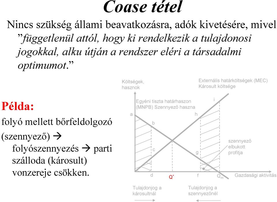 Költségek, hasznok Externális határköltségek (MEC) Károsult költsége Példa: folyó mellett bırfeldolgozó a Egyéni tiszta határhaszon