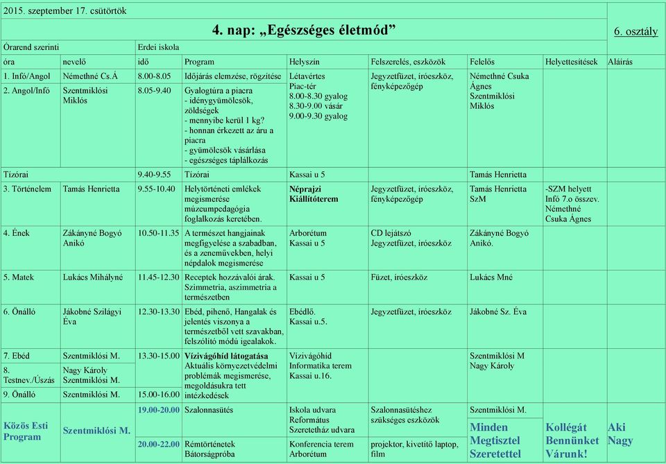 30 gyalog, fényképezőgép Némethné Csuka Tízórai 9.409.55 Tízórai 3. Történelem 9.5510.40 Helytörténeti emlékek megismerése múzeumpedagógia foglalkozás keretében. 4. Ének Zákányné Bogyó Anikó 10.5011.