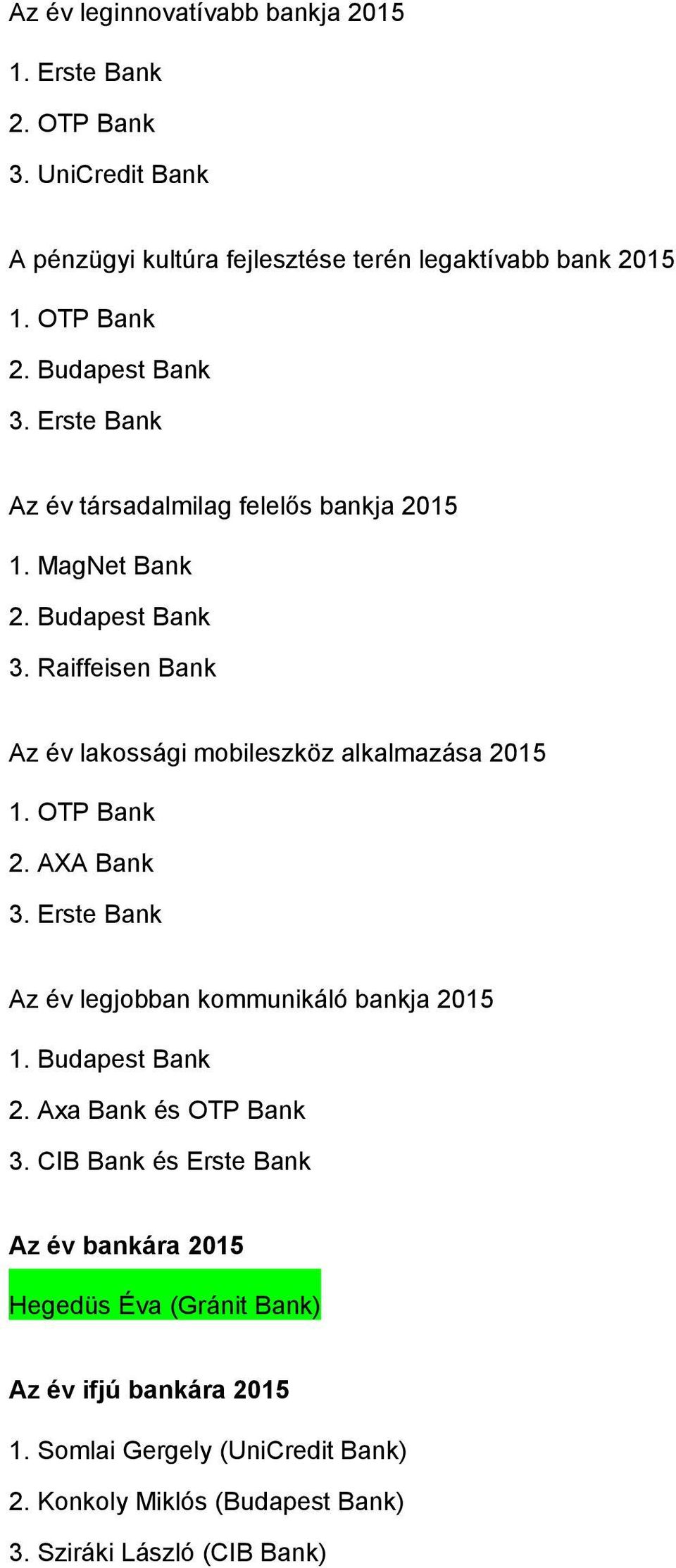 MagNet Bank 3. Raiffeisen Bank Az év lakossági mobileszköz alkalmazása 2015 2.