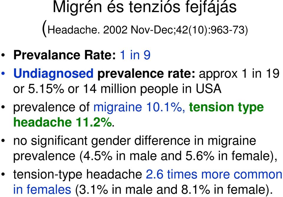 15% or 14 million people in USA prevalence of migraine 10.1%, tension type headache 11.2%.