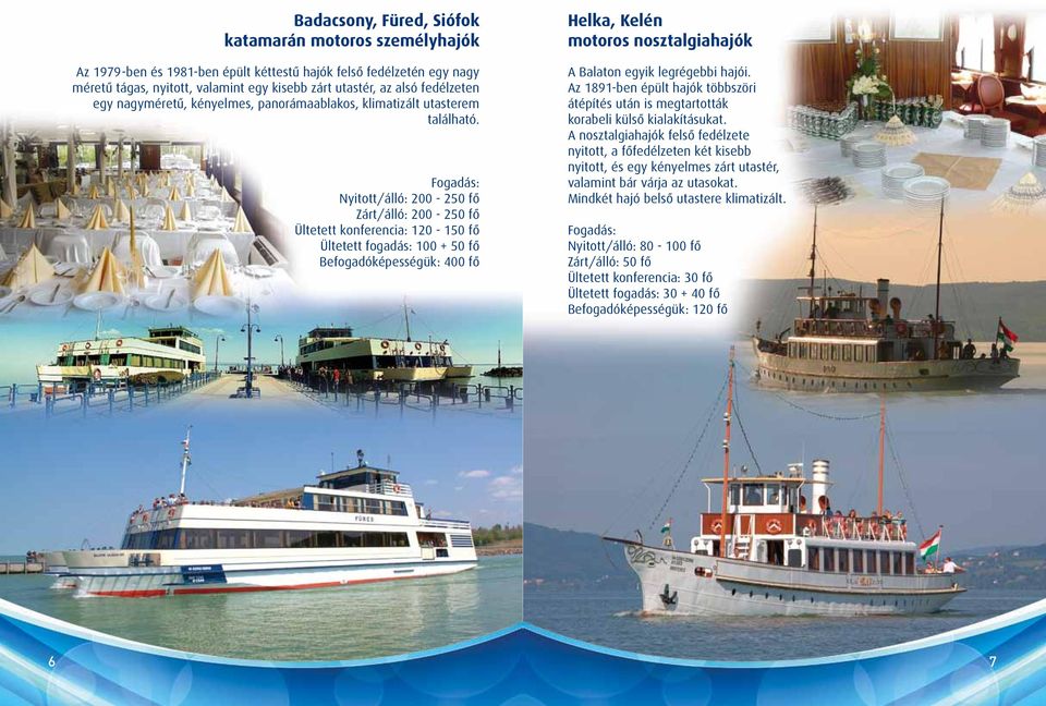Nyitott/álló: 200-250 fő Zárt/álló: 200-250 fő Ültetett konferencia: 120-150 fő Ültetett fogadás: 100 + 50 fő Befogadóképességük: 400 fő Helka, Kelén motoros nosztalgiahajók A Balaton egyik