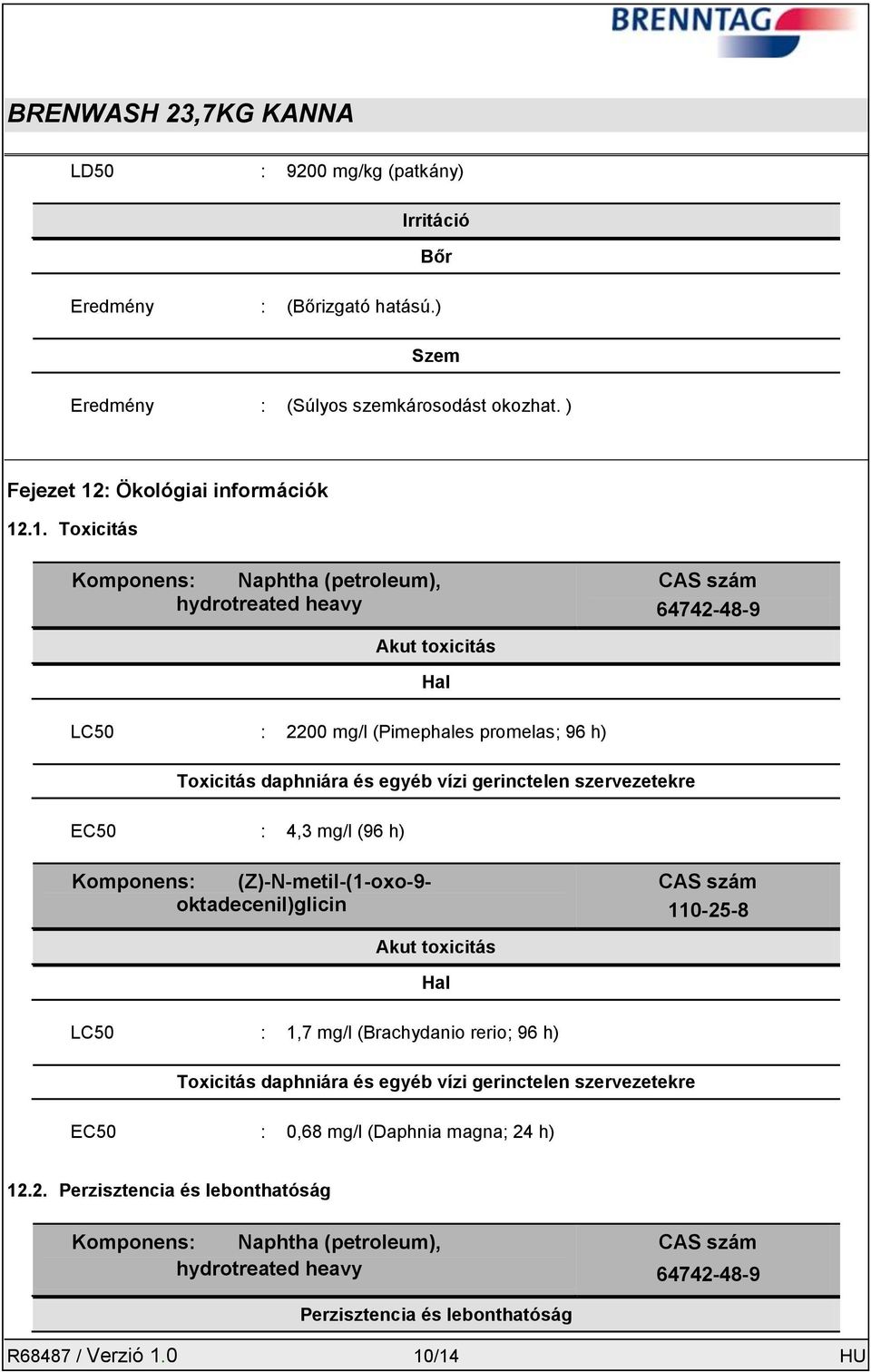 .1. Toxicitás Komponens: Naphtha (petroleum), hydrotreated heavy CAS szám 64742-48-9 Akut toxicitás Hal LC50 : 2200 mg/l (Pimephales promelas; 96 h) Toxicitás daphniára és egyéb vízi gerinctelen