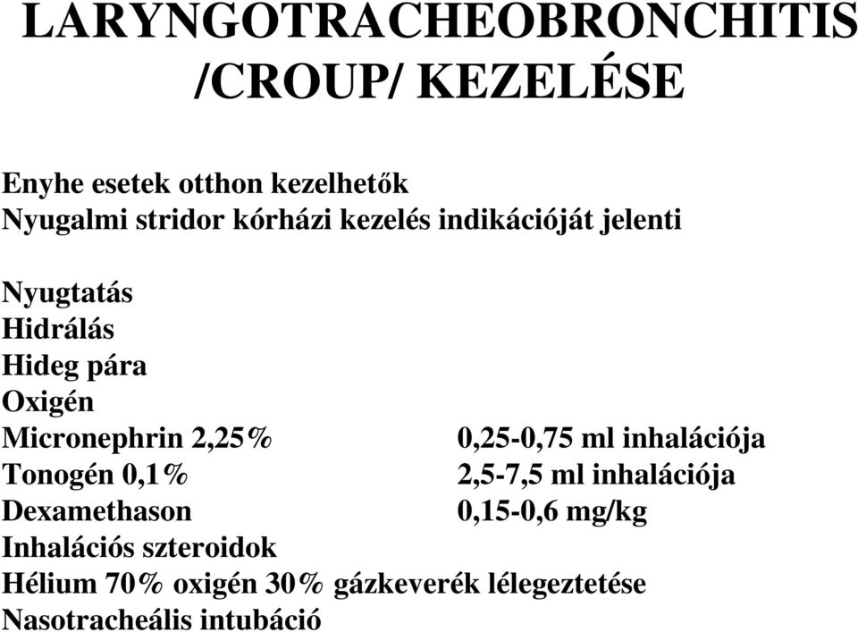 2,25% Tonogén 0,1% 0,25-0,75 ml inhalációja 2,5-7,5 ml inhalációja 0,15-0,6 mg/kg