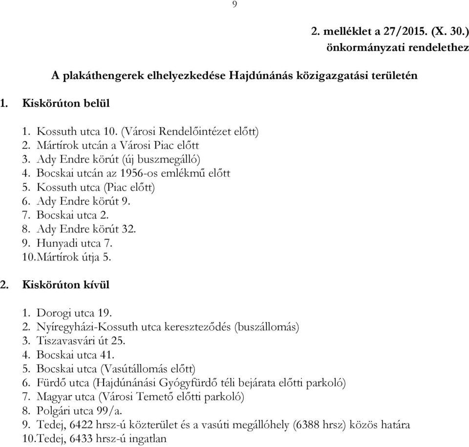 Ady Endre körút 32. 9. Hunyadi utca 7. 10. Mártírok útja 5. 2. Kiskörúton kívül 1. Dorogi utca 19. 2. Nyíregyházi-Kossuth utca keresztezıdés (buszállomás) 3. Tiszavasvári út 25. 4. Bocskai utca 41. 5. Bocskai utca (Vasútállomás elıtt) 6.