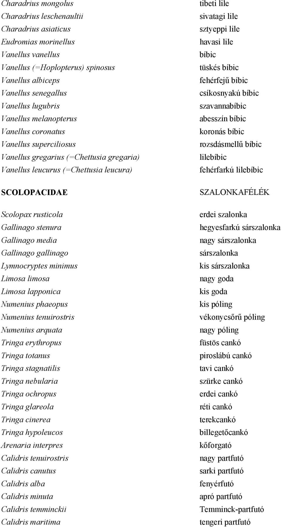 Gallinago media Gallinago gallinago Lymnocryptes minimus Limosa limosa Limosa lapponica Numenius phaeopus Numenius tenuirostris Numenius arquata Tringa erythropus Tringa totanus Tringa stagnatilis