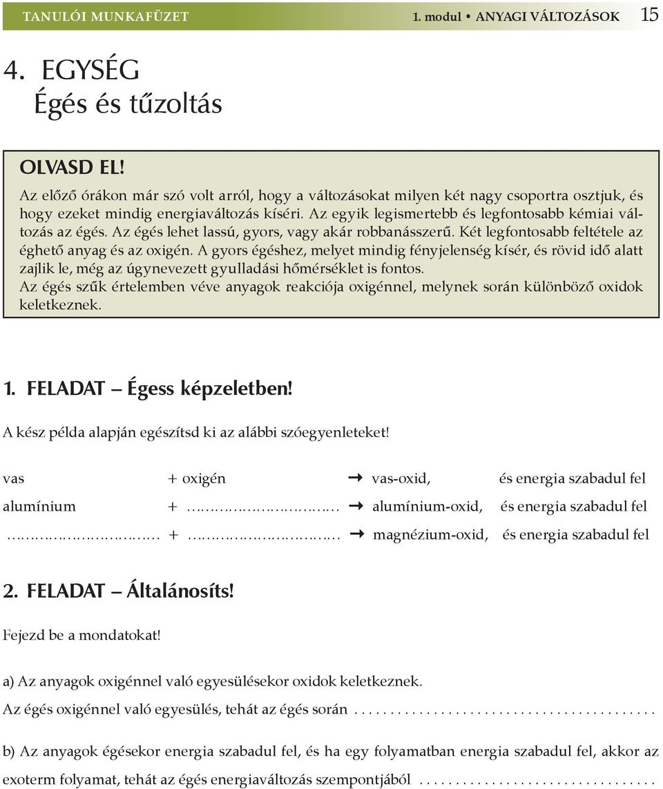 Az égés lehet lassú, gyors, vagy akár robbanásszerû. Két legfontosabb feltétele az éghetô anyag és az oxigén.
