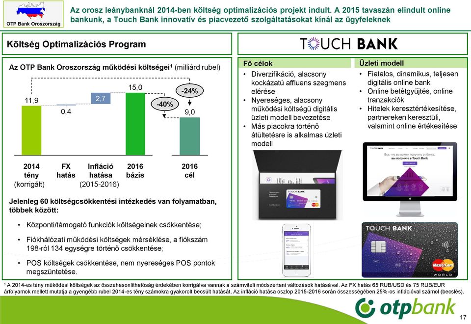 (milliárd rubel) 15,0-24% 11,9 2,7-40% 0,4 9,0 Fő célok Diverzifikáció, alacsony kockázatú affluens szegmens elérése Nyereséges, alacsony működési költségű digitális üzleti modell bevezetése Más