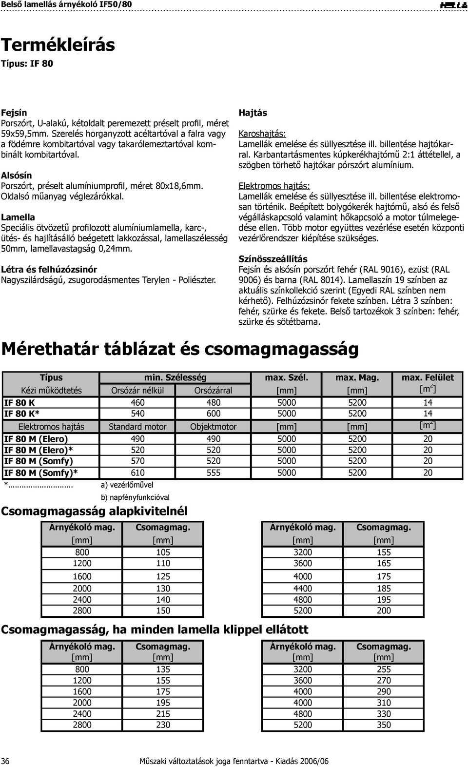 Oldalsó műanyag véglezárókkal. Lamella Speciális ötvözetű profilozott alumíniumlamella, karc-, ütés- és hajlításálló beégetett lakkozással, lamellaszélesség 50mm, lamellavastagság 0,24mm.