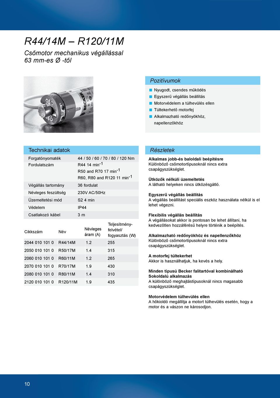 kábel Név R50 and R70 17 min -1 R60, R80 and R120 11 min -1 36 fordulat 230V AC/50Hz S2 4 min IP44 3 m Névleges áram (A) 2044 010 101 0 R44/14M 1.2 255 2050 010 101 0 R50/17M 1.