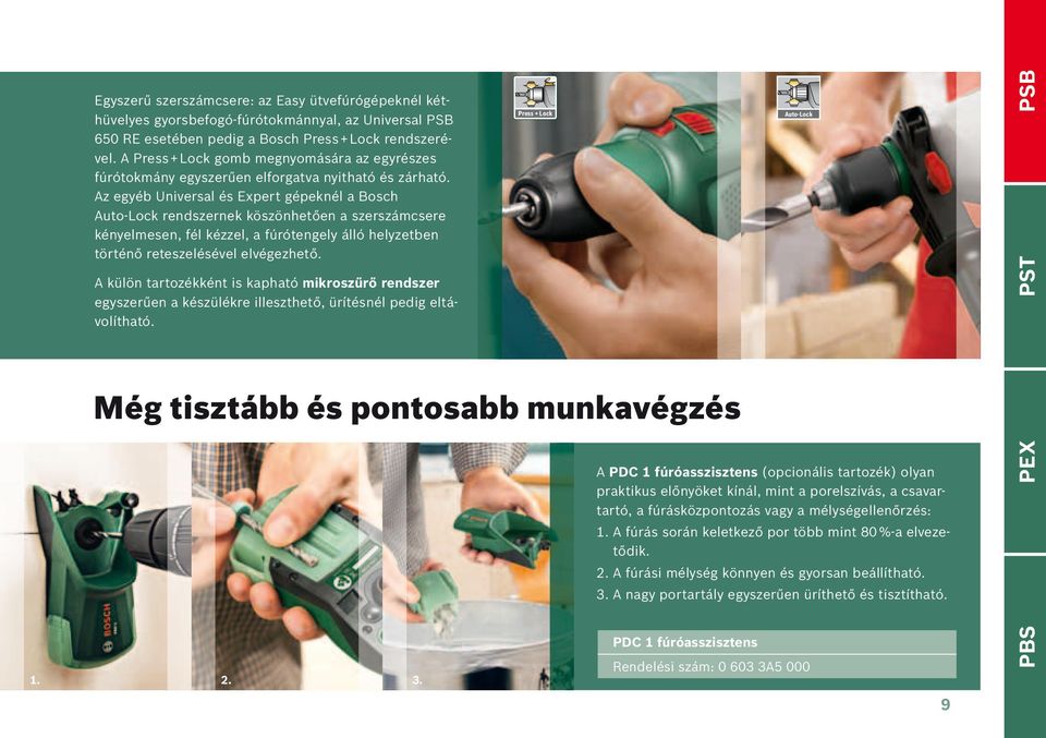 Az egyéb Universal és Expert gépeknél a Bosch Auto-Lock rendszernek köszönhetően a szerszámcsere kényelmesen, fél kézzel, a fúrótengely álló helyzetben történő reteszelésével elvégezhető.