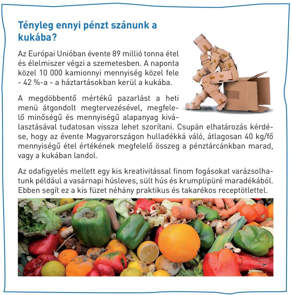 A megdöbbentő mértékű pazarlást a heti menü átgondolt megtervezésével, megfelelő minőségű és mennyiségű alapanyag kiválasztásával tudatosan vissza lehet szorítani.