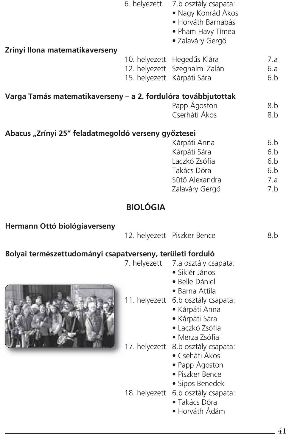 b Kárpáti Sára 6.b Laczkó Zsófia 6.b Takács Dóra 6.b Sütô Alexandra 7.a Zalaváry Gergô 7.b BIOLÓGIA Hermann Ottó biológiaverseny 12. helyezett Piszker Bence 8.