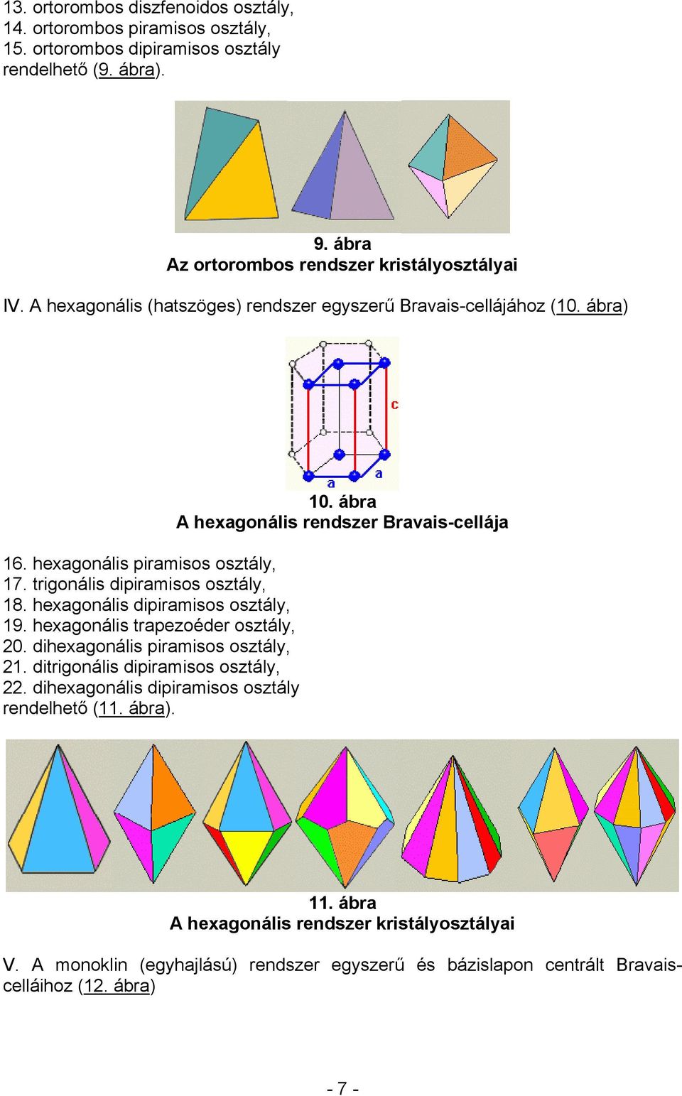 hexagonális dipiramisos osztály, 19. hexagonális trapezoéder osztály, 20. dihexagonális piramisos osztály, 21. ditrigonális dipiramisos osztály, 22.