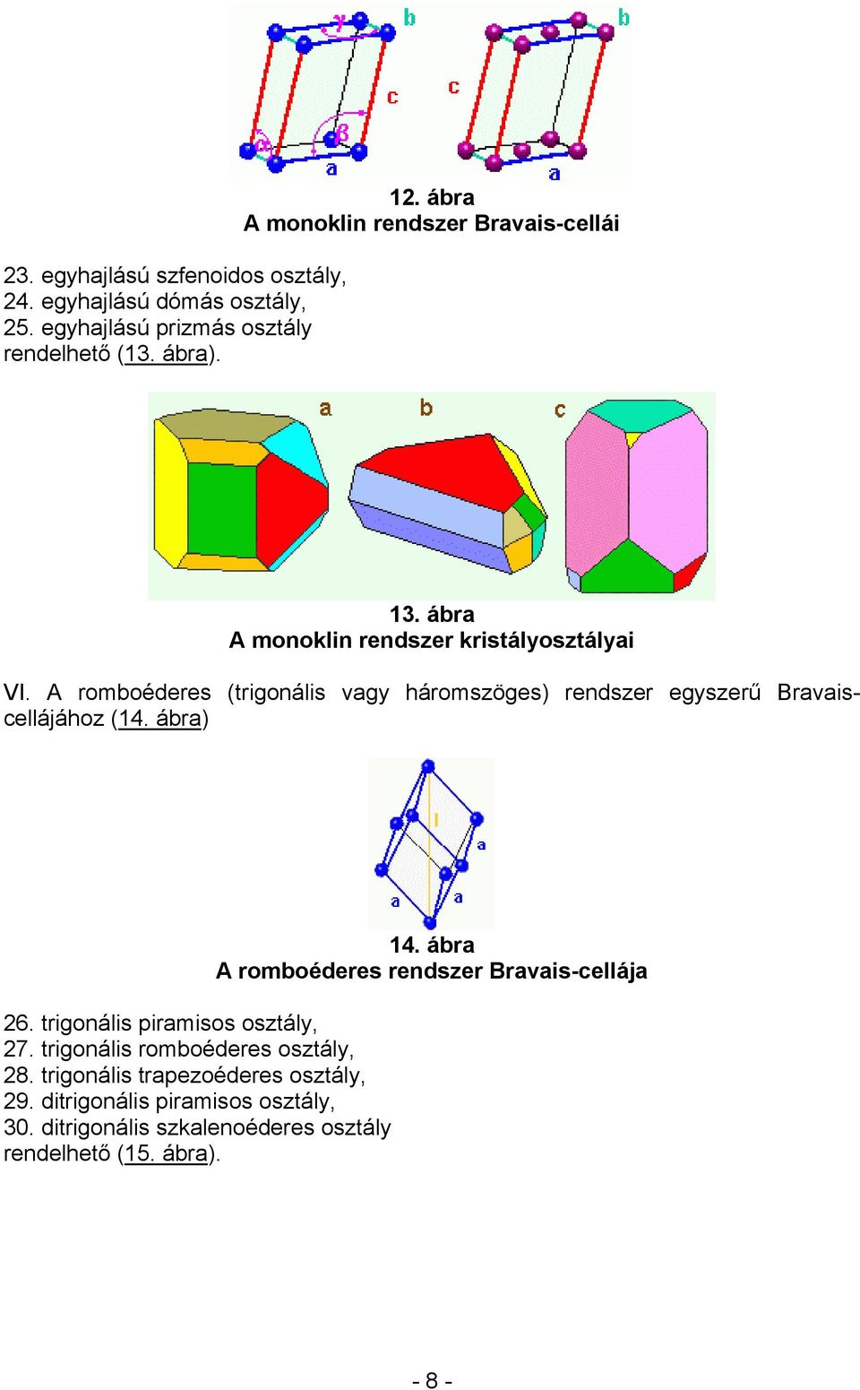 ábra) (trigonális vagy háromszöges) rendszer 14. ábra A romboéderes rendszer Bravais-cellája 26. trigonális piramisos osztály, 27.