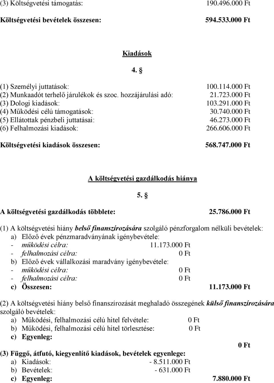000 Ft 4. Költségvetési kiadások összesen: 568.747.000 Ft A költségvetési gazdálkodás hiánya 5. A költségvetési gazdálkodás többlete: 25.786.