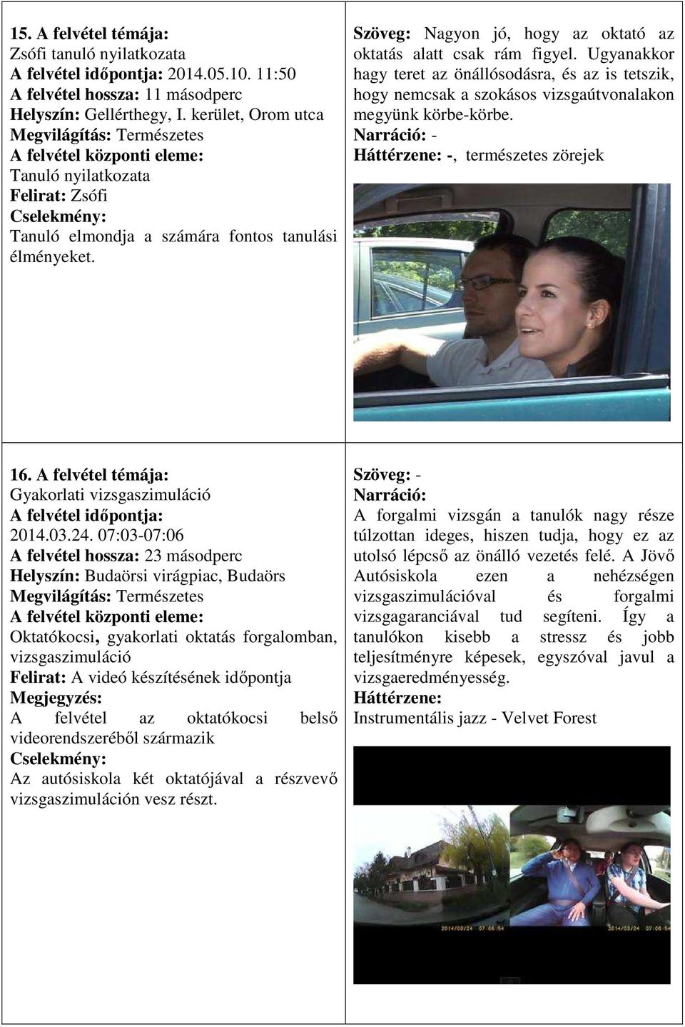 Ugyanakkor hagy teret az önállósodásra, és az is tetszik, hogy nemcsak a szokásos vizsgaútvonalakon megyünk körbe-körbe. -, természetes zörejek 16. A felvétel témája: Gyakorlati vizsgaszimuláció 2014.