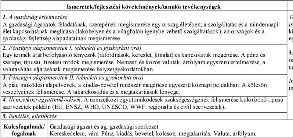 vehető szolgáltatások); az országok és a gazdasági fejlettség alapadatainak megismerése. 2. Pénzügyi alapismeretek I.