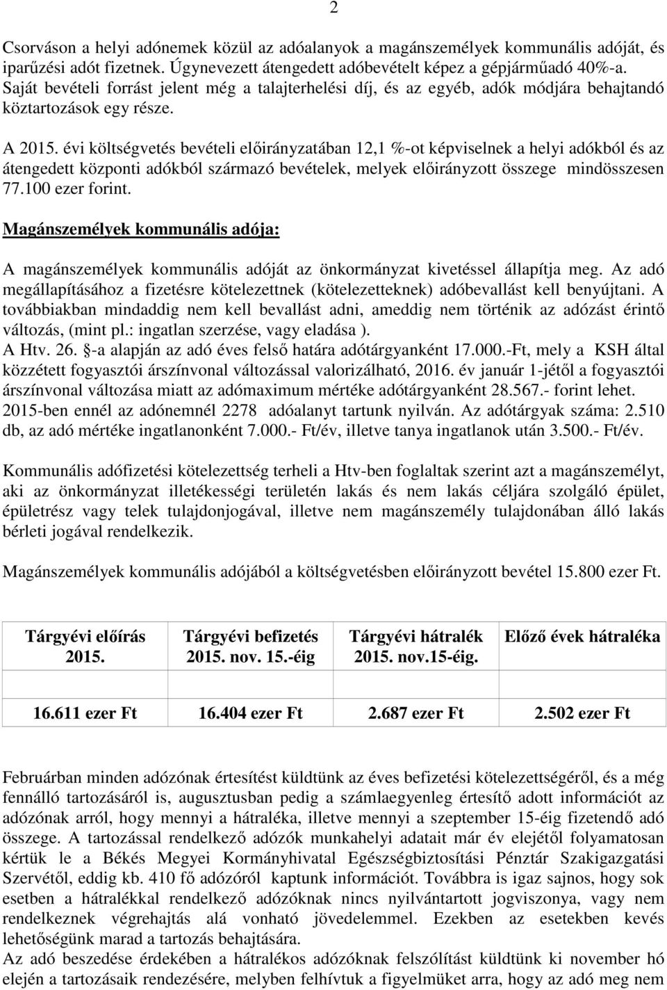 évi költségvetés bevételi előirányzatában 12,1 %-ot képviselnek a helyi adókból és az átengedett központi adókból származó bevételek, melyek előirányzott összege mindösszesen 77.100 ezer forint.