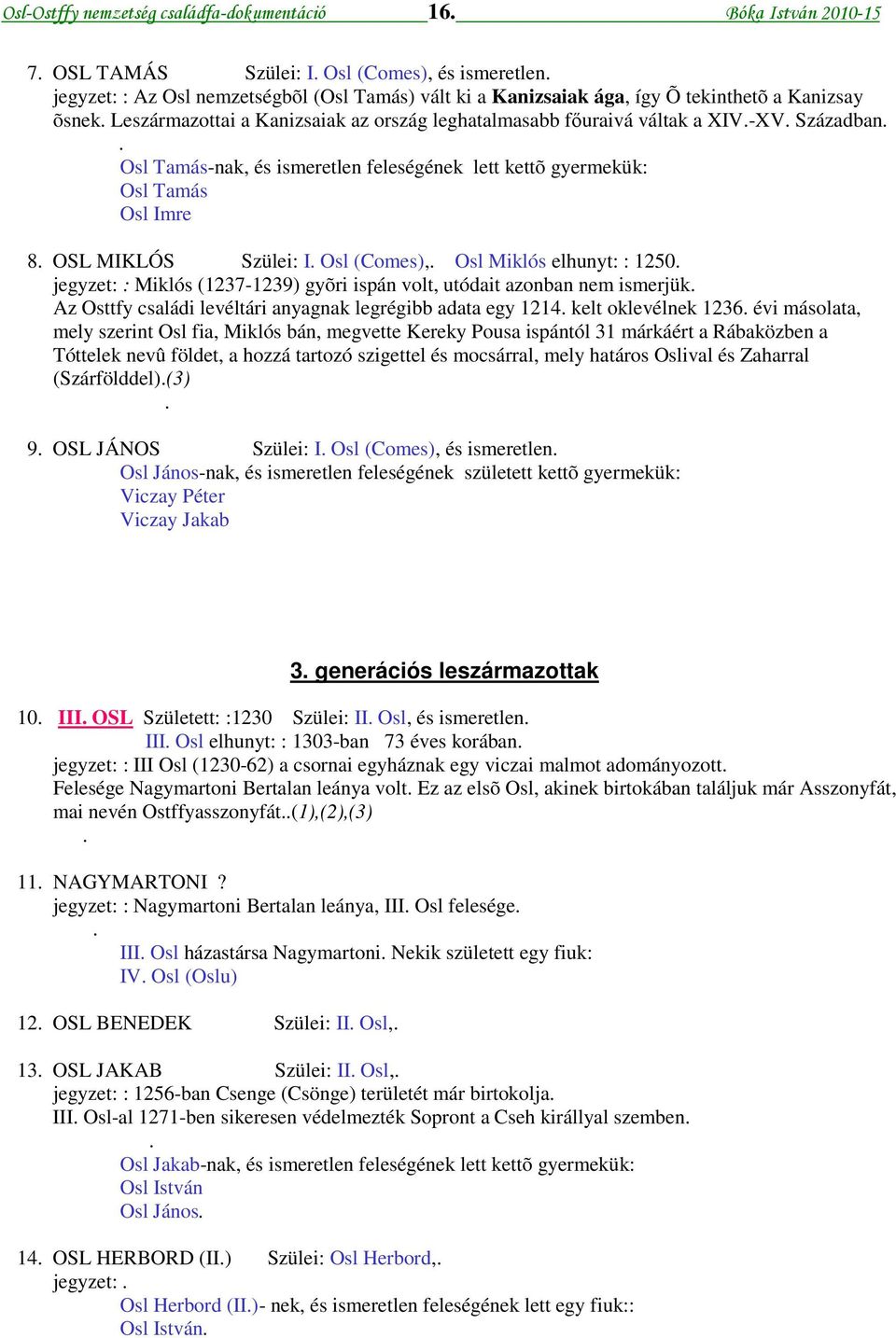 OSL MIKLÓS Szülei: I Osl (Comes), Osl Miklós elhunyt: : 1250 jegyzet: : Miklós (1237-1239) gyõri ispán volt, utódait azonban nem ismerjük Az Osttfy családi levéltári anyagnak legrégibb adata egy 1214