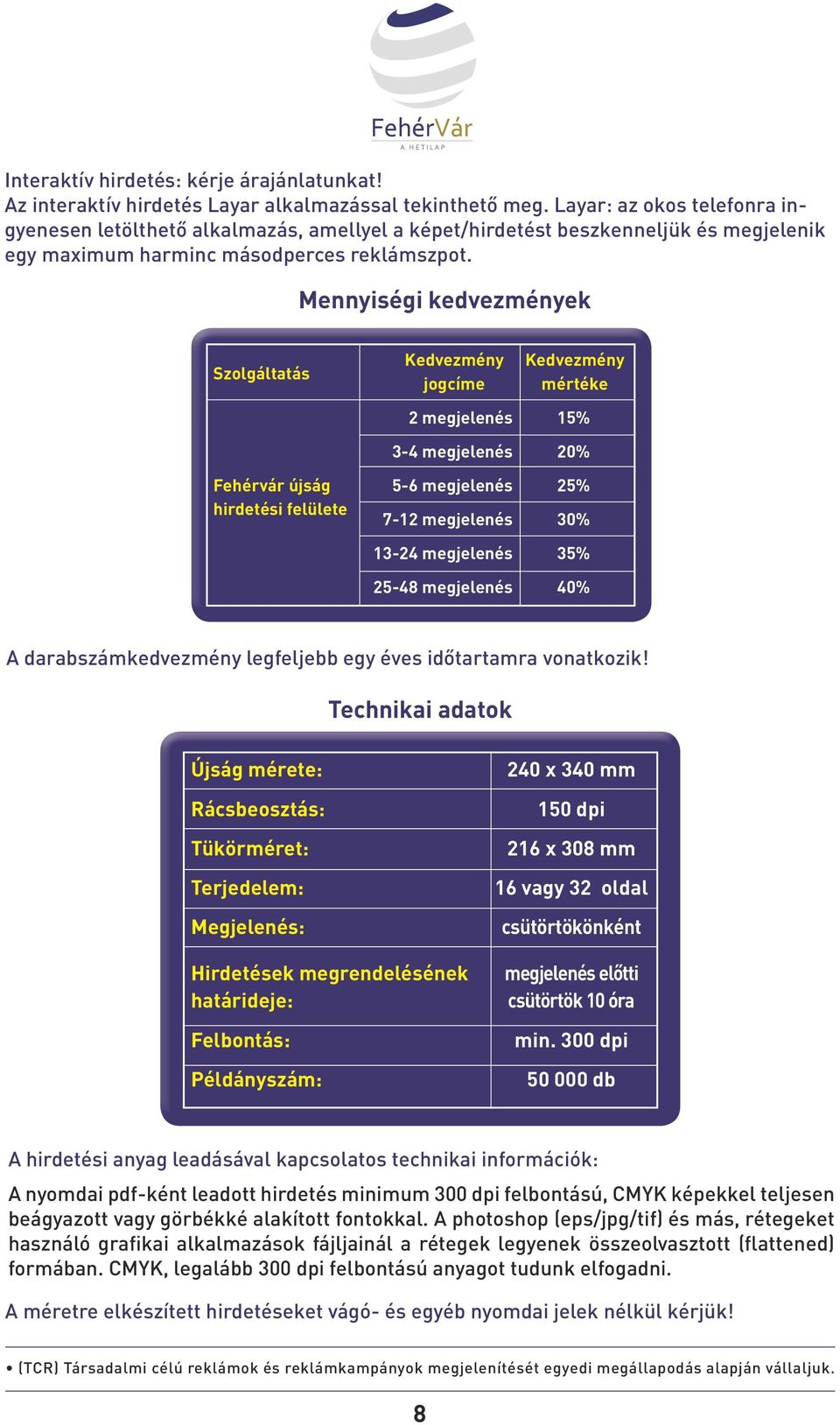 Mennyiségi kedvezmények Szolgáltatás Kedvezmény jogcíme Kedvezmény mértéke 2 megjelenés 15% 3-4 megjelenés 20% Fehérvár újság 5-6 megjelenés 25% hirdetési felülete 7-12 megjelenés 30% 13-24