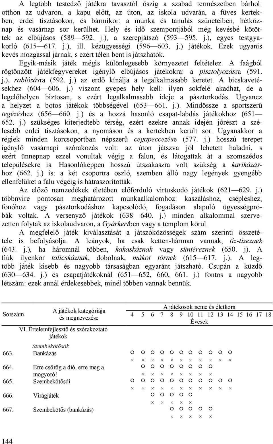 kézügyességi (596 603. j.) játékok. Ezek ugyanis kevés mozgással járnak, s ezért télen bent is játszhatók. Egyik-másik játék mégis különlegesebb környezetet feltételez.