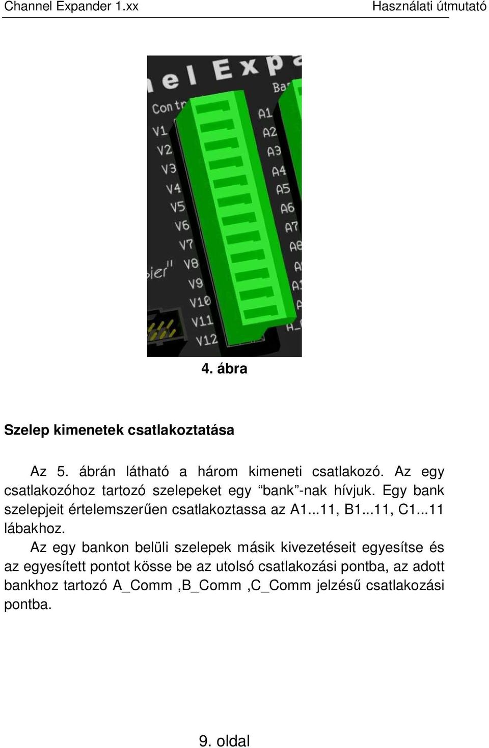 Egy bank szelepjeit értelemszerűen csatlakoztassa az A1...11, B1...11, C1...11 lábakhoz.