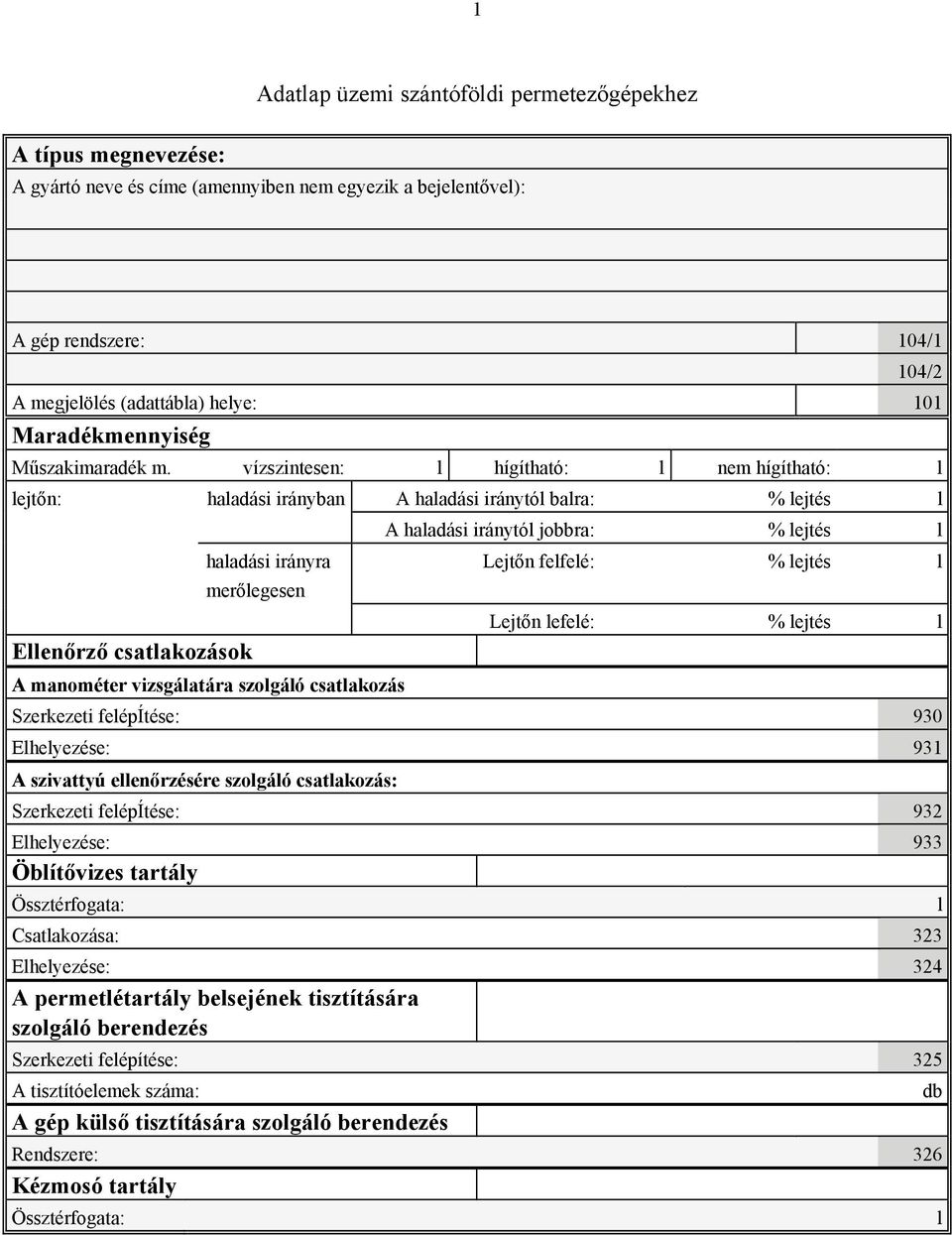 merőlegesen Lejtőn lefelé: % lejtés l Ellenőrző csatlakozások A manométer vizsgálatára szolgáló csatlakozás Szerkezeti felépítése: 930 Elhelyezése: 931 A szivattyú ellenőrzésére szolgáló csatlakozás: