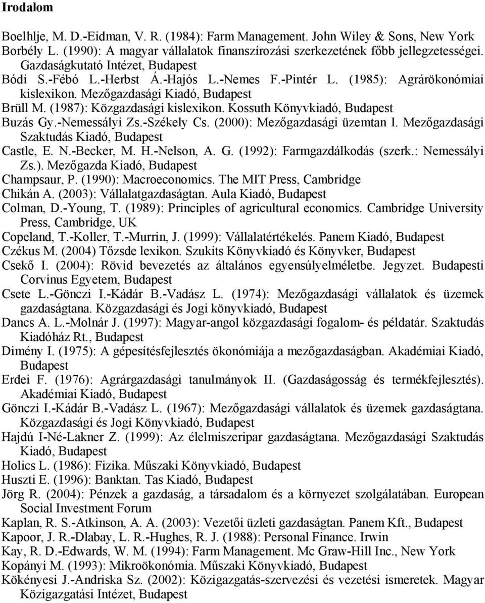 Kossuth Könyvkiadó, Budapest Buzás Gy.-Nemessályi Zs.-Székely Cs. (2000): Mezőgazdasági üzemtan I. Mezőgazdasági Szaktudás Kiadó, Budapest Castle, E. N.-Becker, M. H.-Nelson, A. G. (1992): Farmgazdálkodás (szerk.