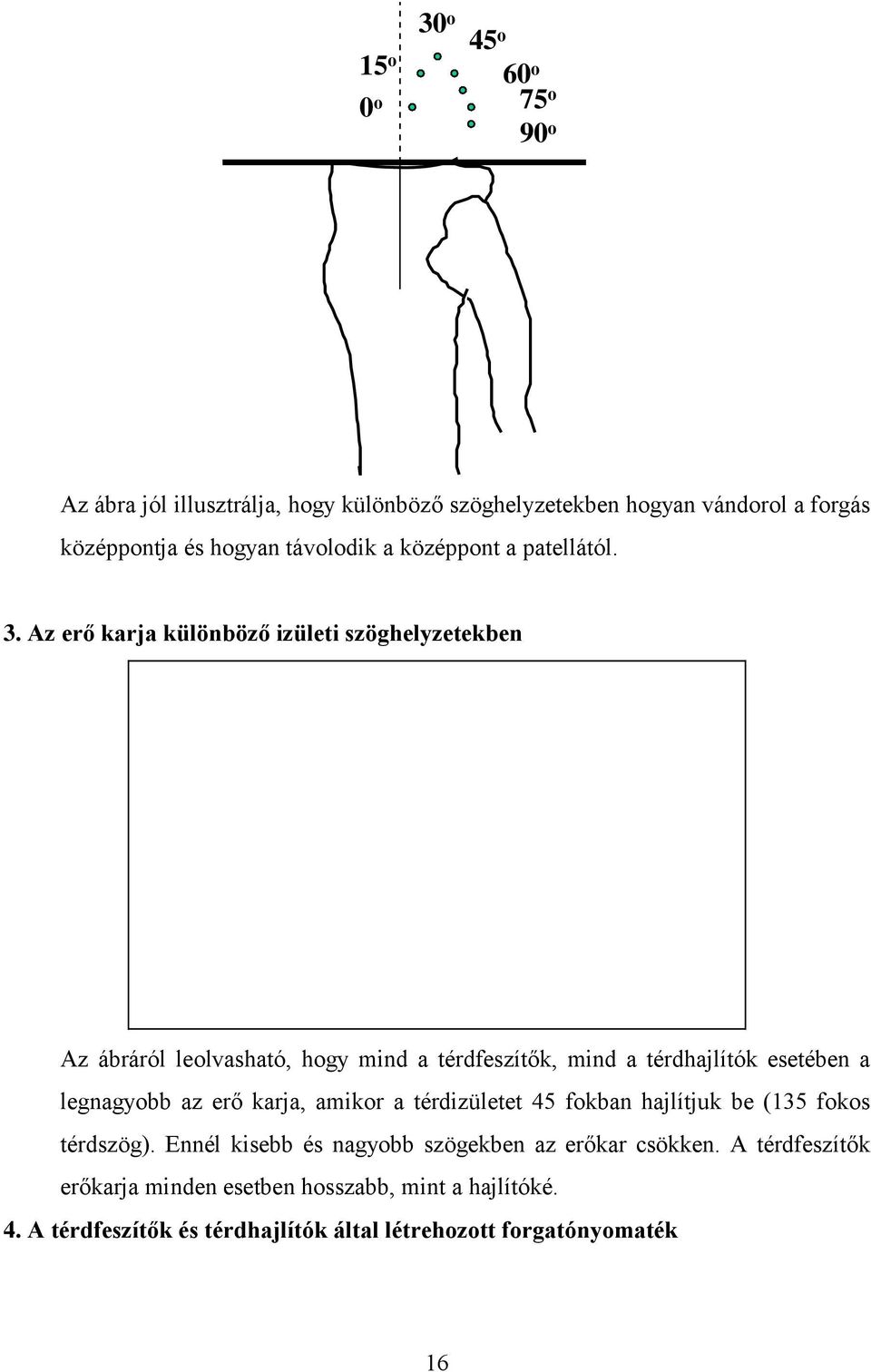 Az erő karja különböző izületi szöghelyzetekben Az ábráról leolvasható, hogy mind a térdfeszítők, mind a térdhajlítók esetében a legnagyobb az erő