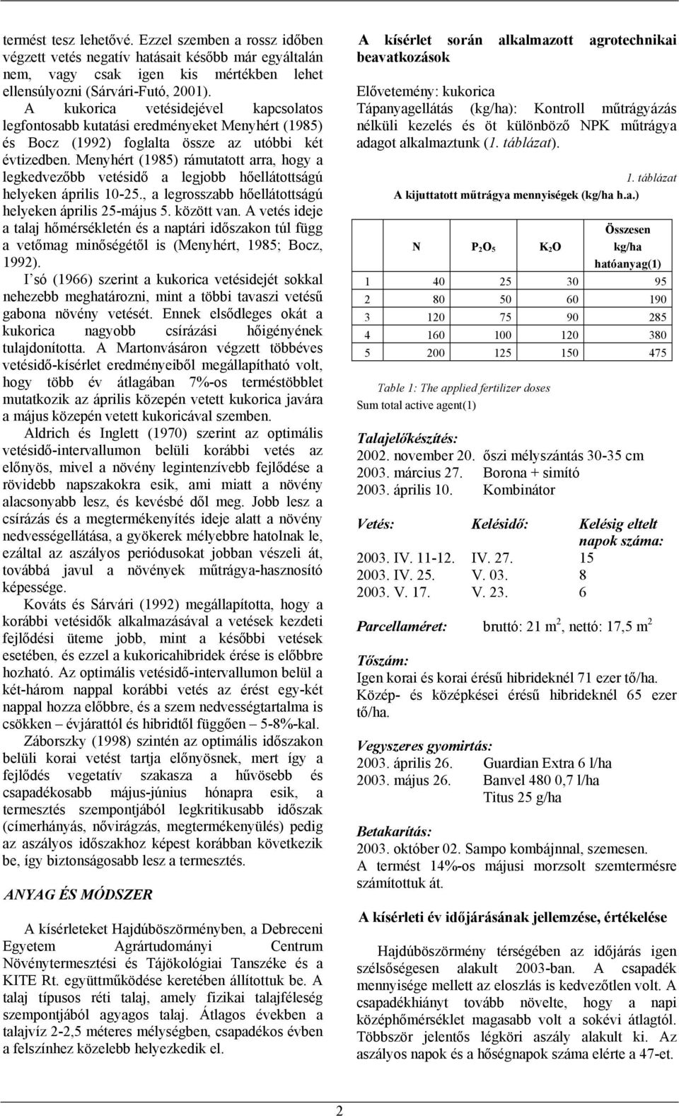 Menyhért (198) rámutatott arra, hogy a legkedvezőbb vetésidő a legjobb hőellátottságú helyeken április -2., a legrosszabb hőellátottságú helyeken április 2-május. között van.