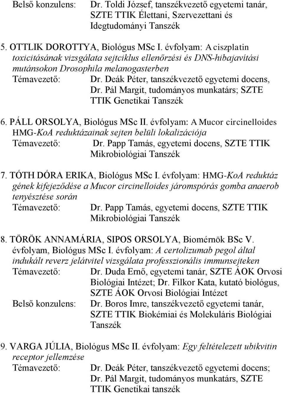 Pál Margit, tudományos munkatárs; SZTE TTIK Genetikai 6. PÁLL ORSOLYA, Biológus MSc II. évfolyam: A Mucor circinelloides HMG-KoA reduktázainak sejten belüli lokalizációja Témavezető: Dr.
